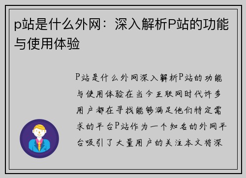 p站是什么外网：深入解析P站的功能与使用体验